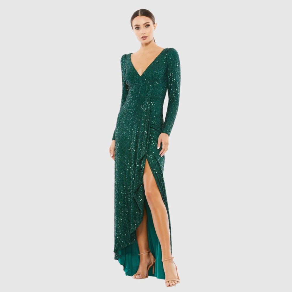 NWT $398 MAC DUGGAL Sequined Faux Wrap Long Sleeve Gown DRESS EMERALD 26395